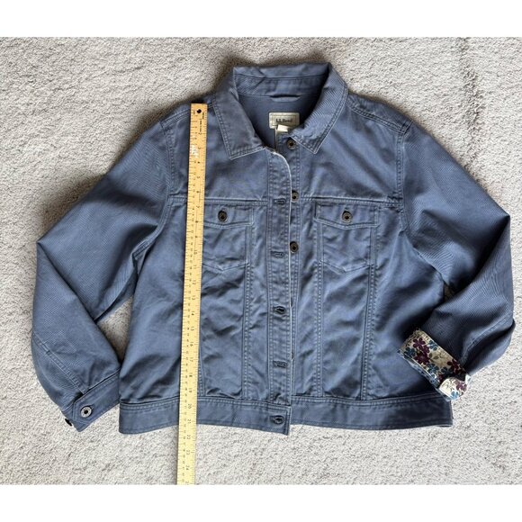 L.L.Bean Jacket Size Large Petite Denim Twill Jacket Cotton Blue Floral Trim - Picture 7 of 8